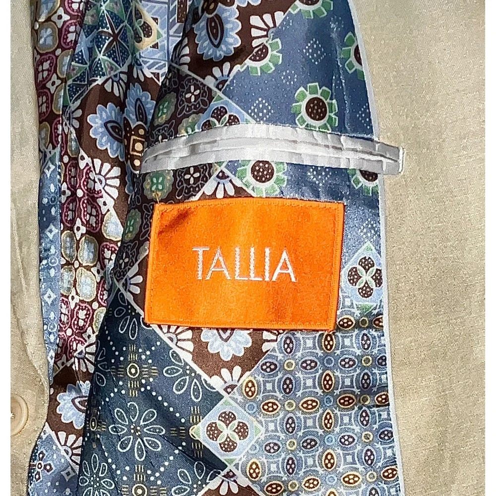 Tallia Linen Blend Blazer Mens 42R Beige Tan Patchwork Lining Sport Coat Jacket